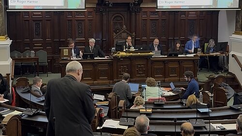 Lib Dem Council Group Leader Roger Harmer speaking at February Full Council Budget Meeting