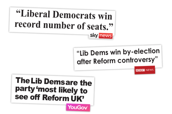 A selection of quotes: “Liberal Democrats win record number of seats.” Sky News; “Lib Dems win by-election after Reform controversy” BBC; "The Lib Dems are the party ‘most likely to see  off Reform UK’" Yougov